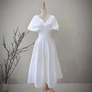 Embroidered Pleated Linen Midi Dress