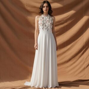 Halter-Neck Open-Back Linen Wedding Dress with Wildflower Embroidery
