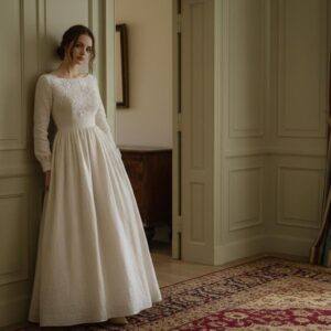 Rose-Embroidered Linen Wedding Dress with Long Puff Sleeves