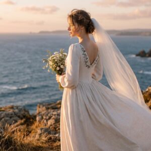 Wildflower Embroidered Long-Sleeve Linen Wedding Dress