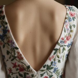 Long-Sleeve Embroidered Linen Wedding Dress with Floral Waist