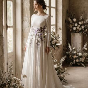 Long-Sleeve Floral Embroidered Linen Garden Wedding Dress