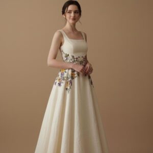Wild Floral Embroidered Long Linen Wedding Dress