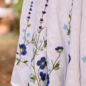 Blue Floral Embroidered Puff-Sleeve Linen Wedding Dress