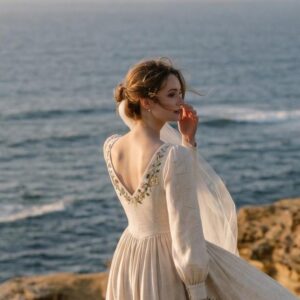 Wildflower Embroidered Long-Sleeve Linen Wedding Dress