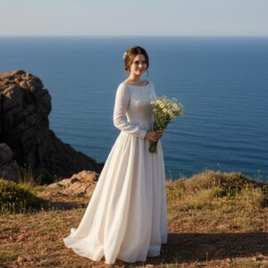 Rose-Embroidered Linen Wedding Dress with Long Puff Sleeves